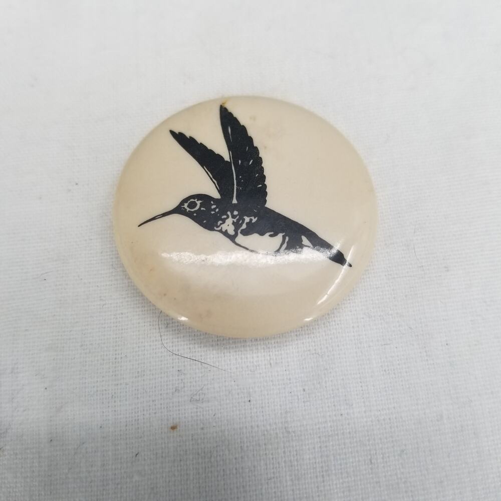 Vintage Hummingbird Logo Brooch Black & White Drawing Metal Pin